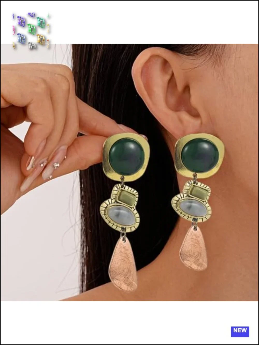 Vintage Boho Statement Dangle Earrings Antique Gold Bronze Resin Geometric Drop